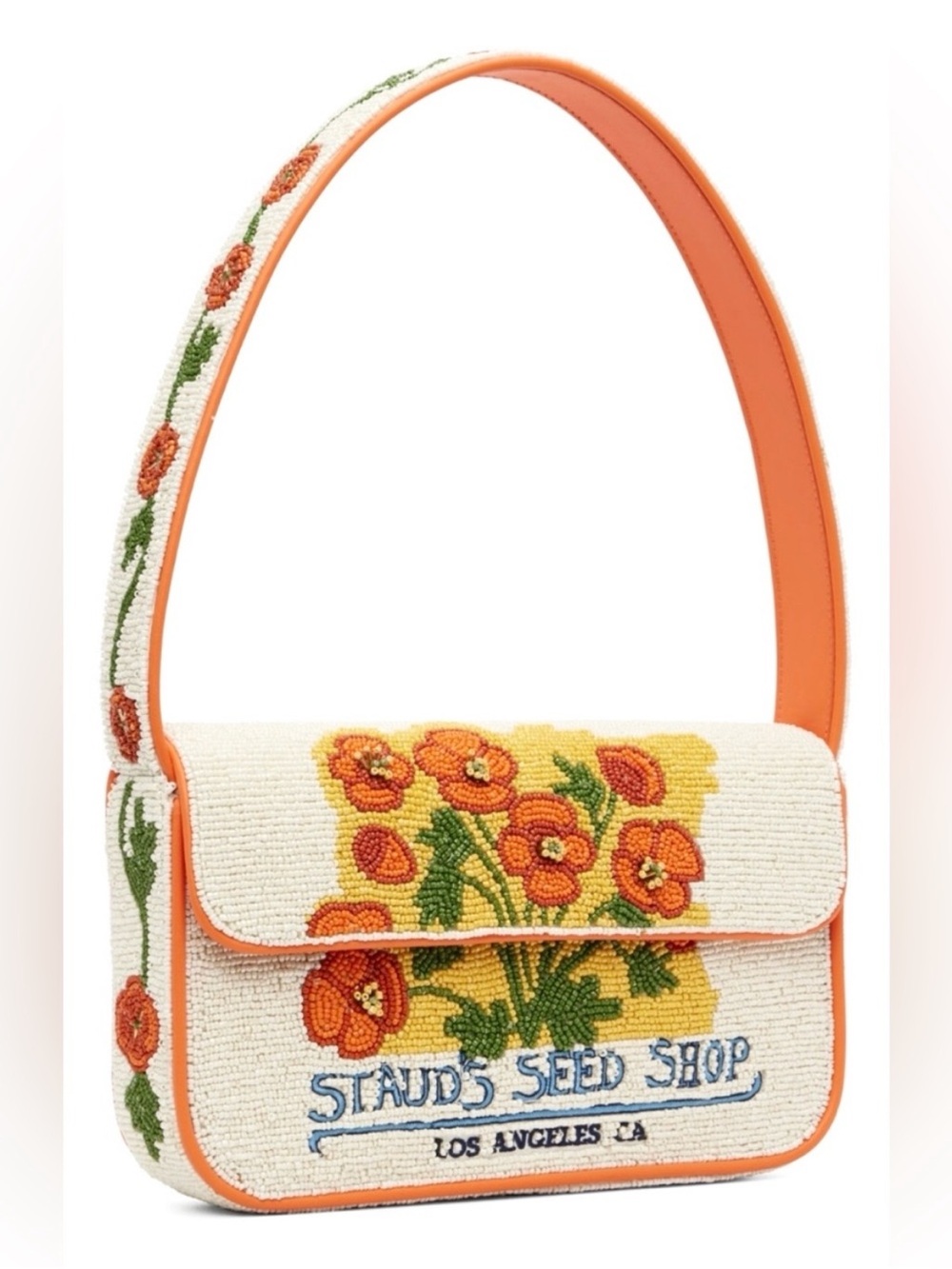 STAUD Embroidered Floral Shoulder Bag - Orange/Cream